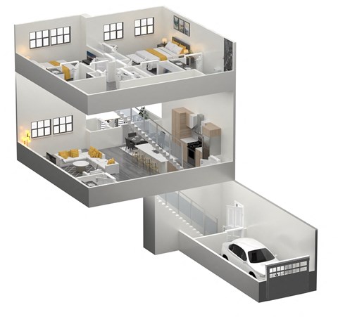 A 3D rendered image of a two-story house with a car parked in the driveway at The Franklin Marlboro Apartments, Marlboro
